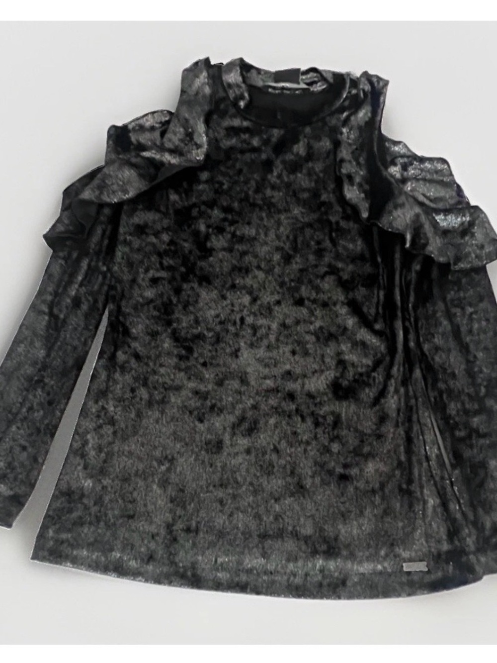 A|X Armani Exchange Black Crushed Velvet Long-Sleeve Ruffle Top size Small